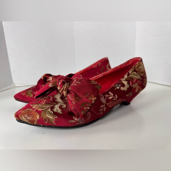 vintage 60s 70s lj simone new york brocade red floral bow kitten heel shoes - Picture 6 of 12